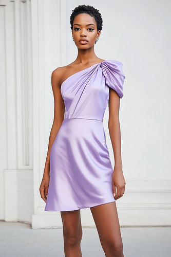 Lilac One Shoulder Short Ruched Satin Homecoming Dress