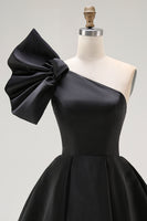 Load image into Gallery viewer, Black Satin A Line Short Homecoming Dress with Ruffles