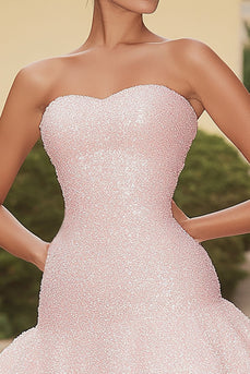 Sparkly Pink Sequins Strapless Short Homecoming Dress with Ruffles