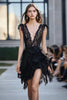 Load image into Gallery viewer, Black Deep V-Neck Lace Short Ruffles Homecoming Dress