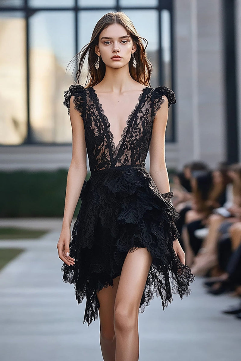 Load image into Gallery viewer, Black Deep V-Neck Lace Short Ruffles Homecoming Dress