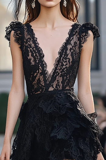 Black Deep V-Neck Lace Short Ruffles Homecoming Dress