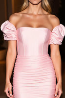 Load image into Gallery viewer, Pink Off the Shoulder Tight Short Satin Homecoming Dress