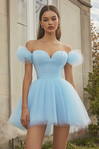 Sky Blue Tulle Short Off the Shoulder Homecoming Dress