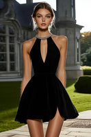 Load image into Gallery viewer, Sparkly Black A Line Keyhole Short Satin Cocktail Dress with Beading