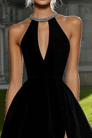 Load image into Gallery viewer, Sparkly Black A Line Keyhole Short Satin Cocktail Dress with Beading