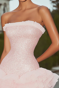 Sparkly Pink Strapless Sequins Short Homecoming Dress with Ruffles