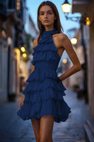Load image into Gallery viewer, Navy A Line High Neck Short Homecoming Dress with Ruffles
