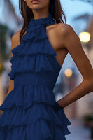 Load image into Gallery viewer, Navy A Line High Neck Short Homecoming Dress with Ruffles