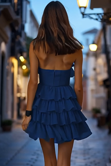 Navy A Line High Neck Short Homecoming Dress with Ruffles