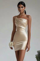 Load image into Gallery viewer, Champagne Strapless Tight Short Satin Homecoming Dress