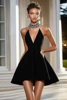 Load image into Gallery viewer, Simple Black A Line Short Strapless Satin Cocktail Dress