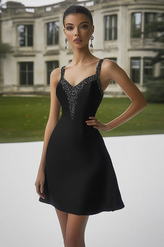 Sparkly Black A Line Satin Short Cocktail Dress with Beading