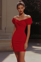 Load image into Gallery viewer, Red Off the Shoulder Tight Satin Short Cocktail Dress