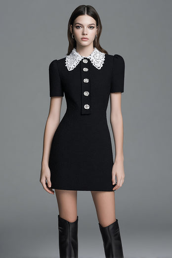 Black Tweed Tight Short Homecoming Outfits with Buttons