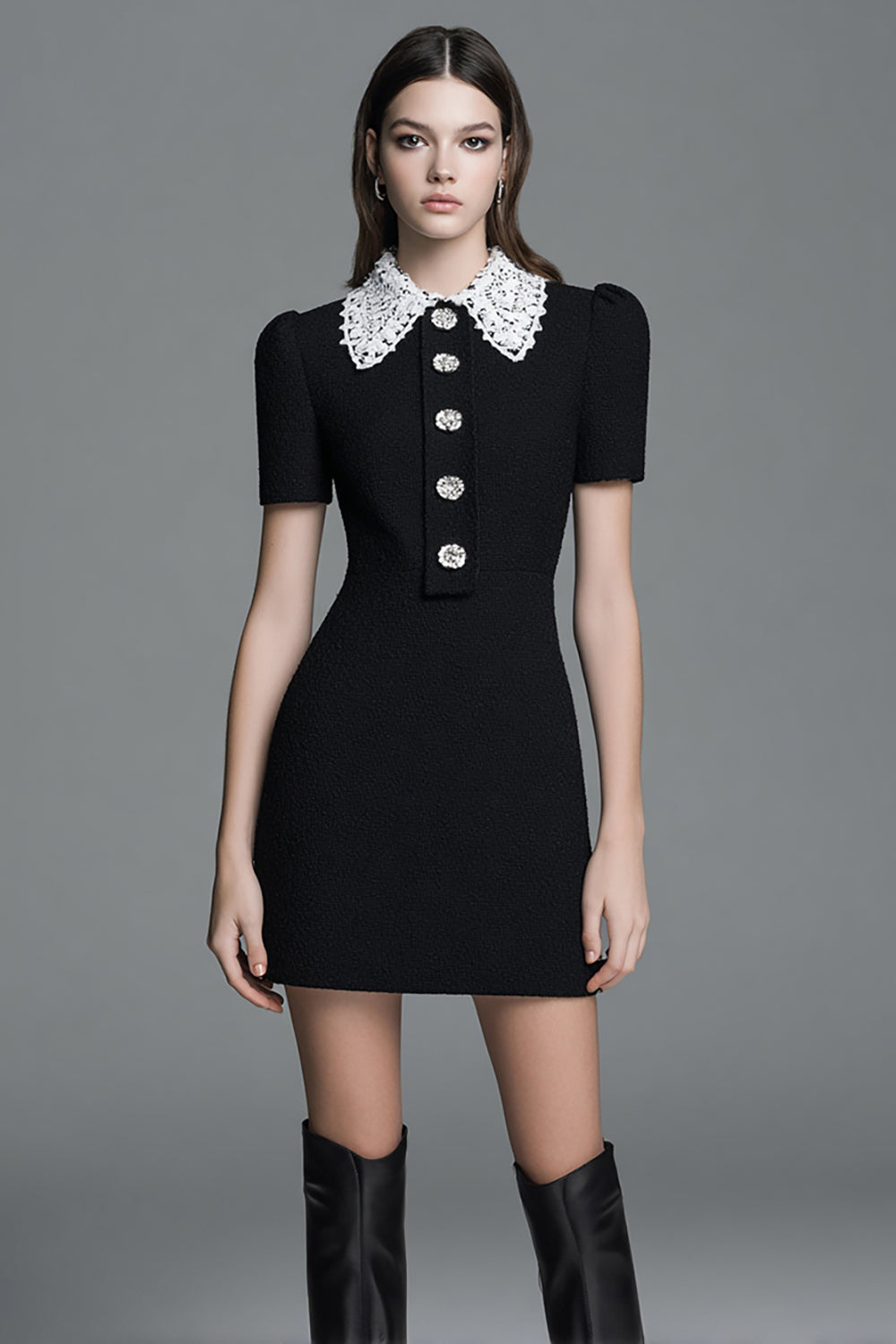 Black Tweed Tight Short Homecoming Outfits with Buttons