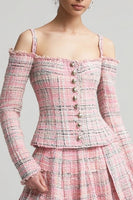 Load image into Gallery viewer, 2 Piece Pink Tweed Plaid Cold Shoulder Blazer Short Homecoming Outfits