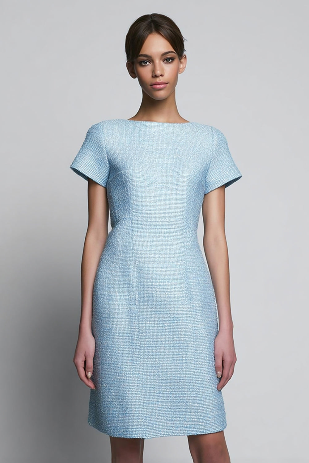 Sky Blue Tweed Bateau Short Homecoming Outfits with Sleeves