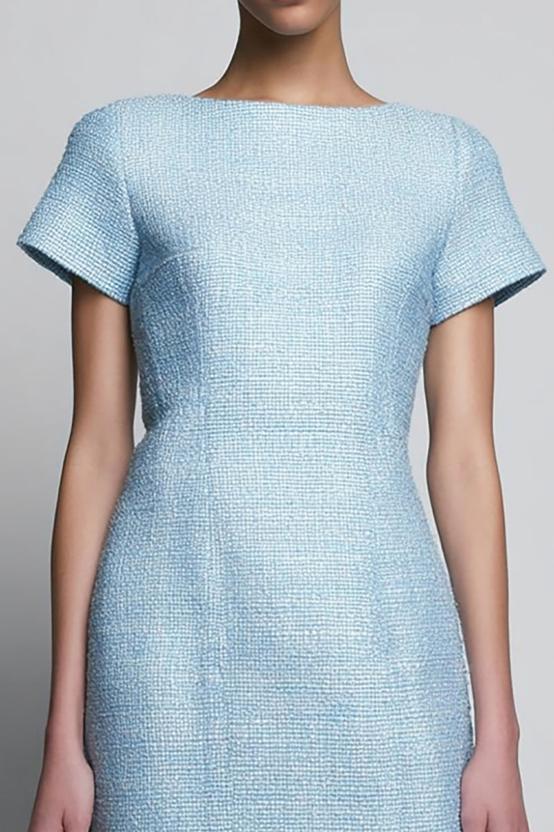 Load image into Gallery viewer, Sky Blue Tweed Bateau Short Homecoming Outfits with Sleeves