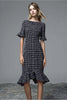 Load image into Gallery viewer, Black Tweed Plaid Ruffled Midi Homecoming Outfits with Short Sleeves