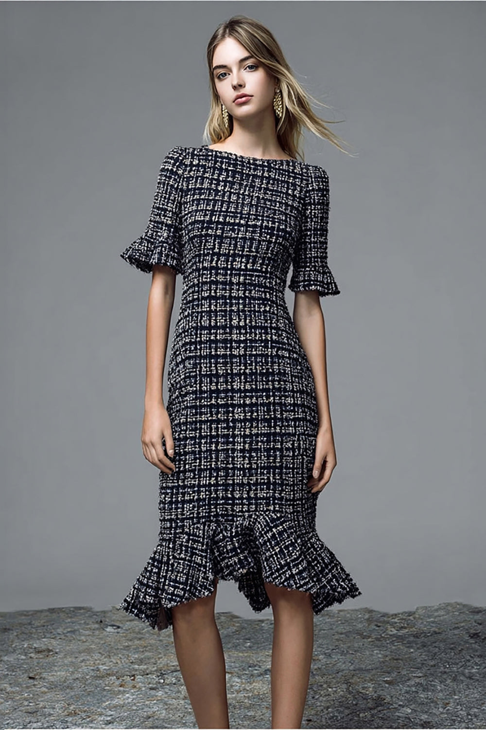 Black Tweed Plaid Ruffled Midi Homecoming Outfits with Short Sleeves