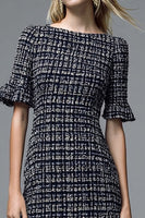 Load image into Gallery viewer, Black Tweed Plaid Ruffled Midi Homecoming Outfits with Short Sleeves