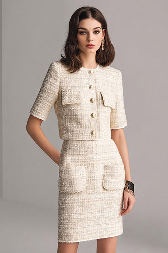 Ivory Tweed 2 Piece Pencil Blazer Short Homecoming Outfits