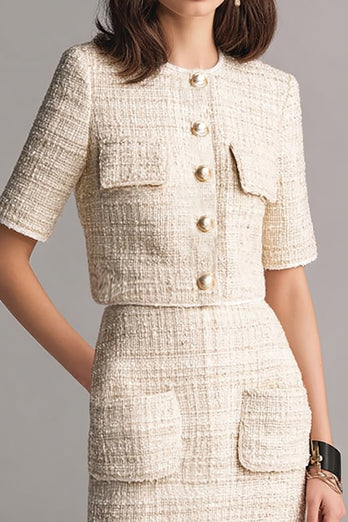 Ivory Tweed 2 Piece Pencil Blazer Short Homecoming Outfits