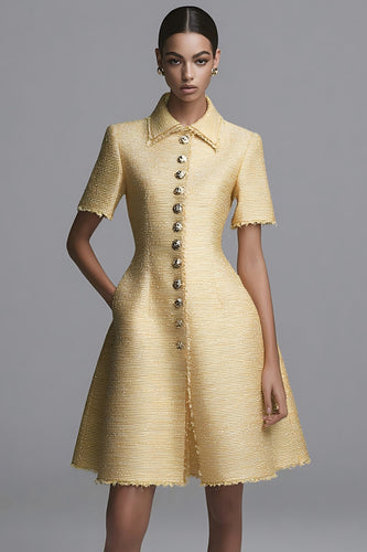 Yellow Tweed A Line Short Sleeves Homecoming Outfits with Buttons