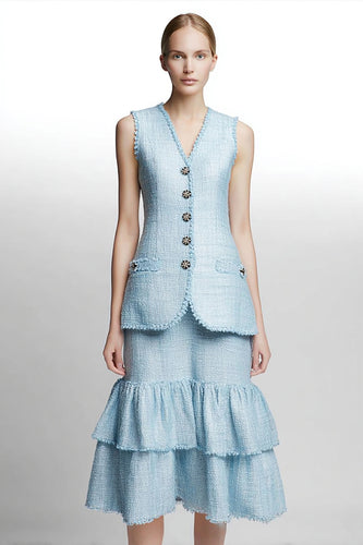 2 Piece Sky Blue Tweed Tiered Blazer Midi Homecoming Outfits with Ruffles
