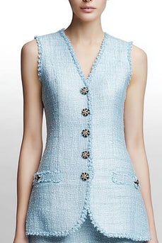 2 Piece Sky Blue Tweed Tiered Blazer Midi Homecoming Outfits with Ruffles