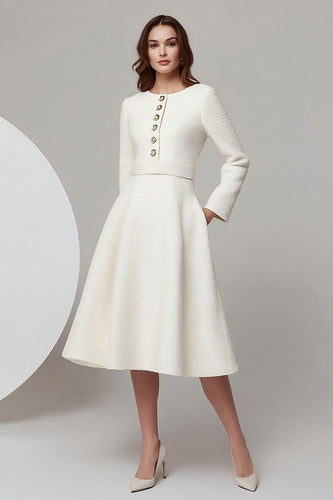 Ivory Tweed A Line Buttons Midi Pageant Interview Outfits with Long Sleeves
