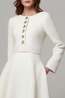 Ivory Tweed A Line Buttons Midi Pageant Interview Outfits with Long Sleeves