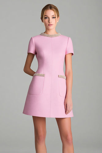 Pink Tweed Short Sleeves Homecoming Outfits with Pearls