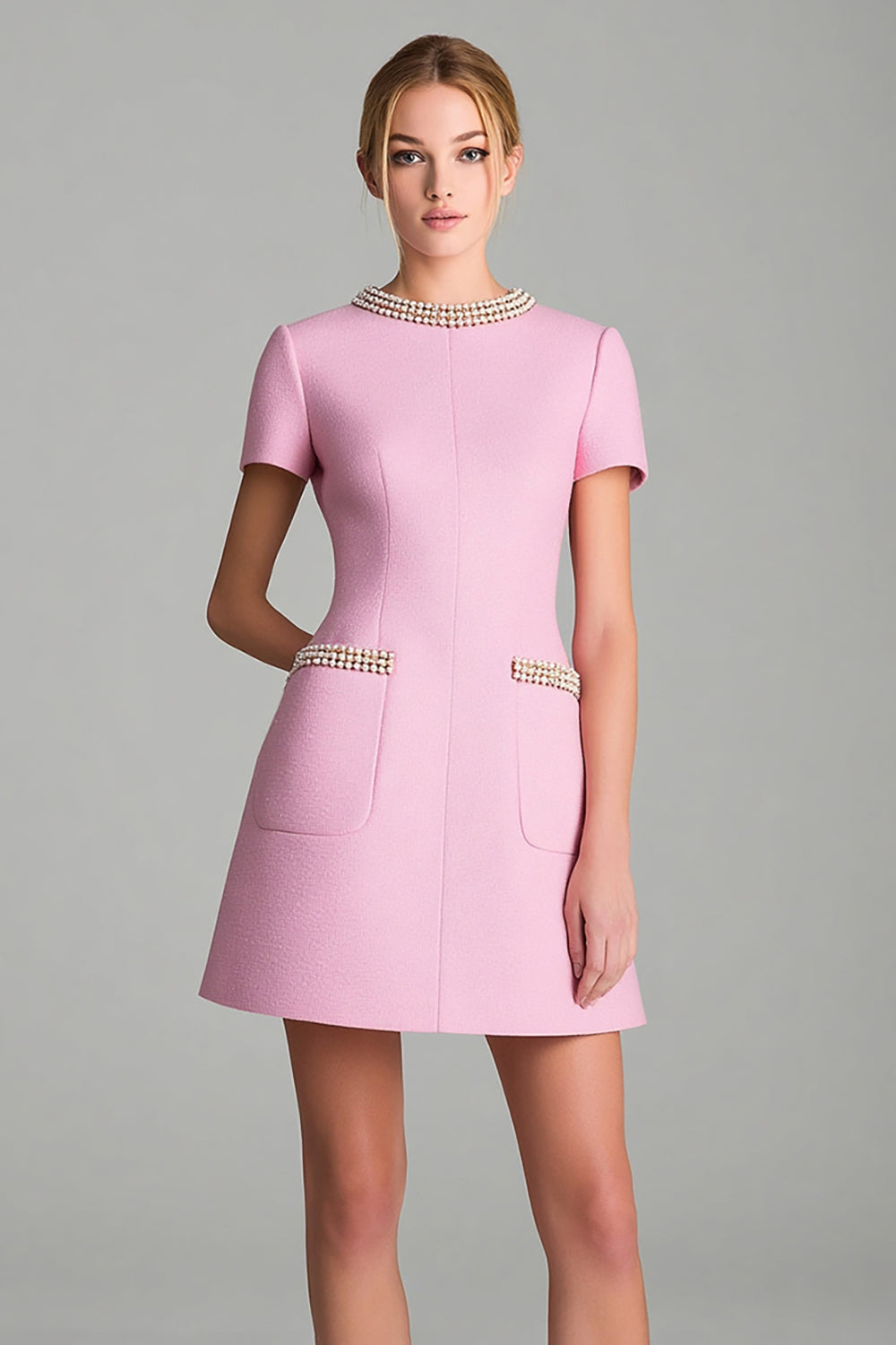 Pink Tweed Short Sleeves Homecoming Outfits with Pearls