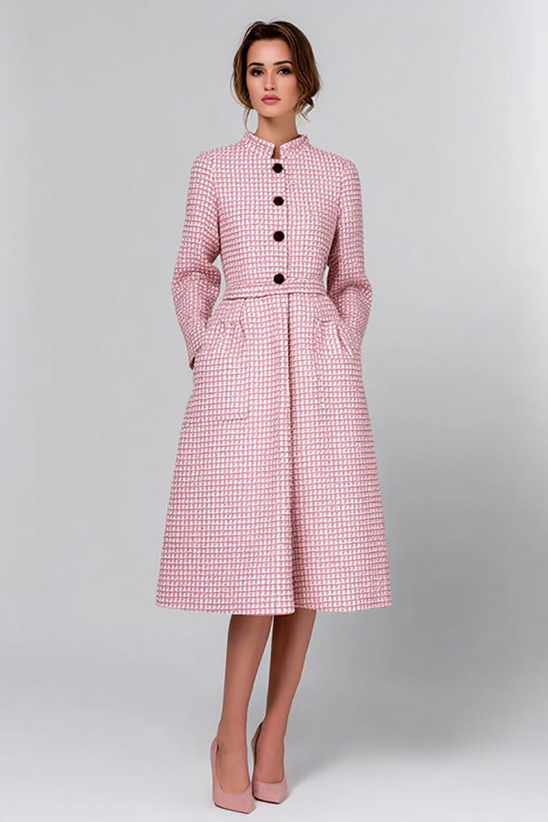 Load image into Gallery viewer, Pink Tweed A Line Plaid Midi Pageant Interview Outfits with Long Sleeves