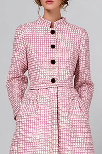 Pink Tweed A Line Plaid Midi Pageant Interview Outfits with Long Sleeves