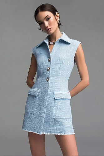 Sky Blue Tweed Collar Tight Short Homecoming Outfits with Buttons