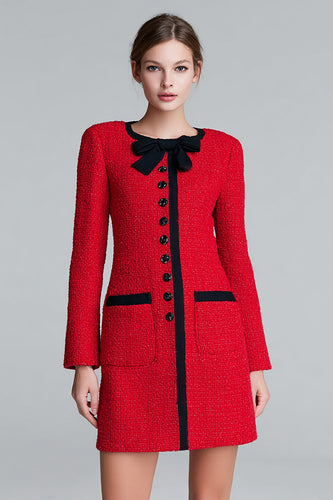 Red Tweed Pencil Buttons Short Homecoming Outfits with Bow