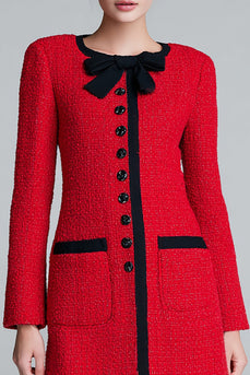 Red Tweed Pencil Buttons Short Homecoming Outfits with Bow