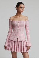 Load image into Gallery viewer, 2 Piece Pink Tweed Off the Shoulder Blazer Short Homecoming Outfits