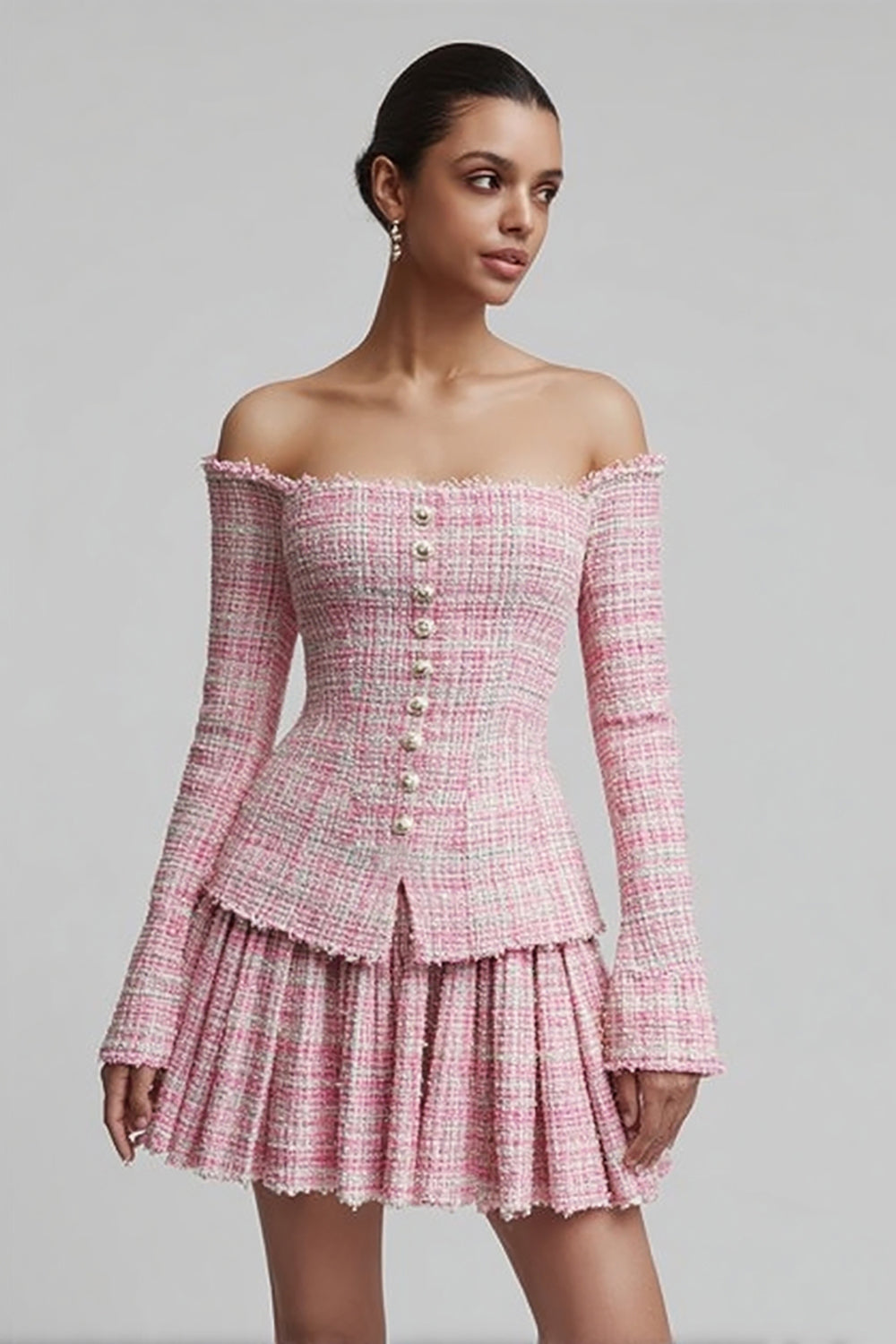 2 Piece Pink Tweed Off the Shoulder Blazer Short Homecoming Outfits