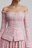 Load image into Gallery viewer, 2 Piece Pink Tweed Off the Shoulder Blazer Short Homecoming Outfits
