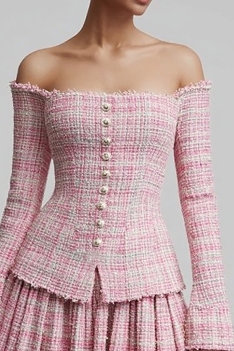 Load image into Gallery viewer, 2 Piece Pink Tweed Off the Shoulder Blazer Short Homecoming Outfits