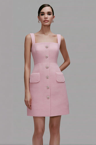 Pink Tweed Pencil Square Neck Short Homecoming Outfits with Buttons
