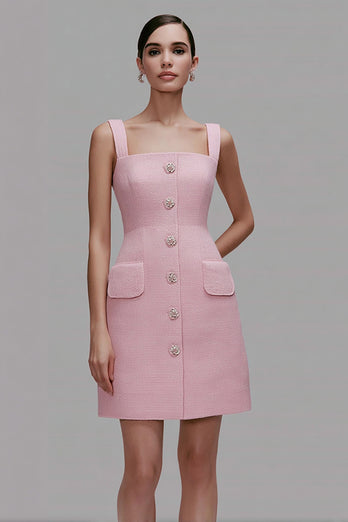 Pink Tweed Pencil Square Neck Short Homecoming Outfits with Buttons