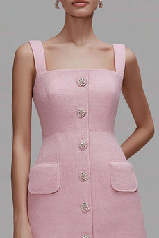 Pink Tweed Pencil Square Neck Short Homecoming Outfits with Buttons
