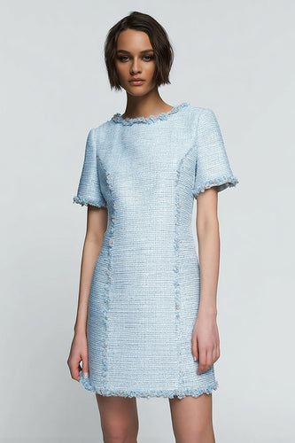 Sky Blue Tweed Pencil Short Homecoming Outfits with Sleeves