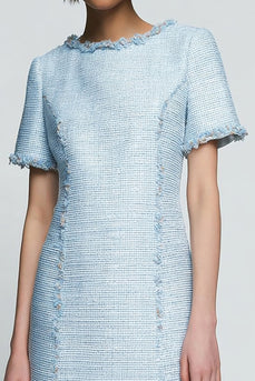 Sky Blue Tweed Pencil Short Homecoming Outfits with Sleeves