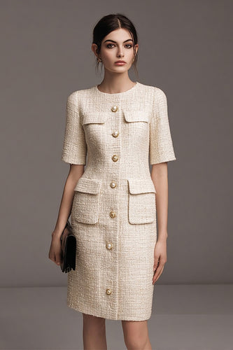 Ivory Tweed Pearls Pencil Short Homecoming Outfits with Buttons